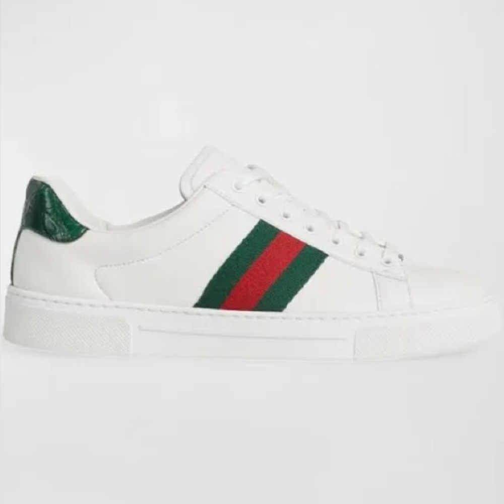 Gucci Ace Leather Sneakers with Green and Red Stripes